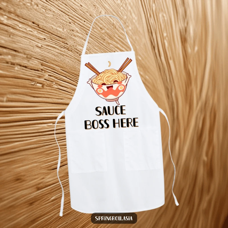 Funny apron featuring a cheerful noodle bowl doing a lively dance with chopsticks as limbs, perfect for kitchen fun.