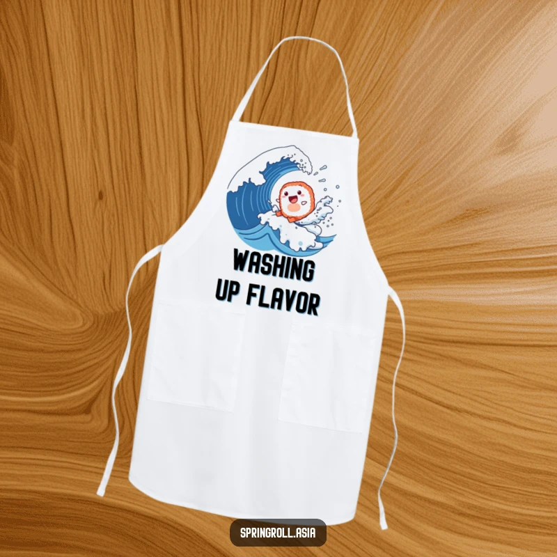 Funny apron of a happy sushi roll surfing a giant wave, designed for culinary adventures and fun cooking sessions.