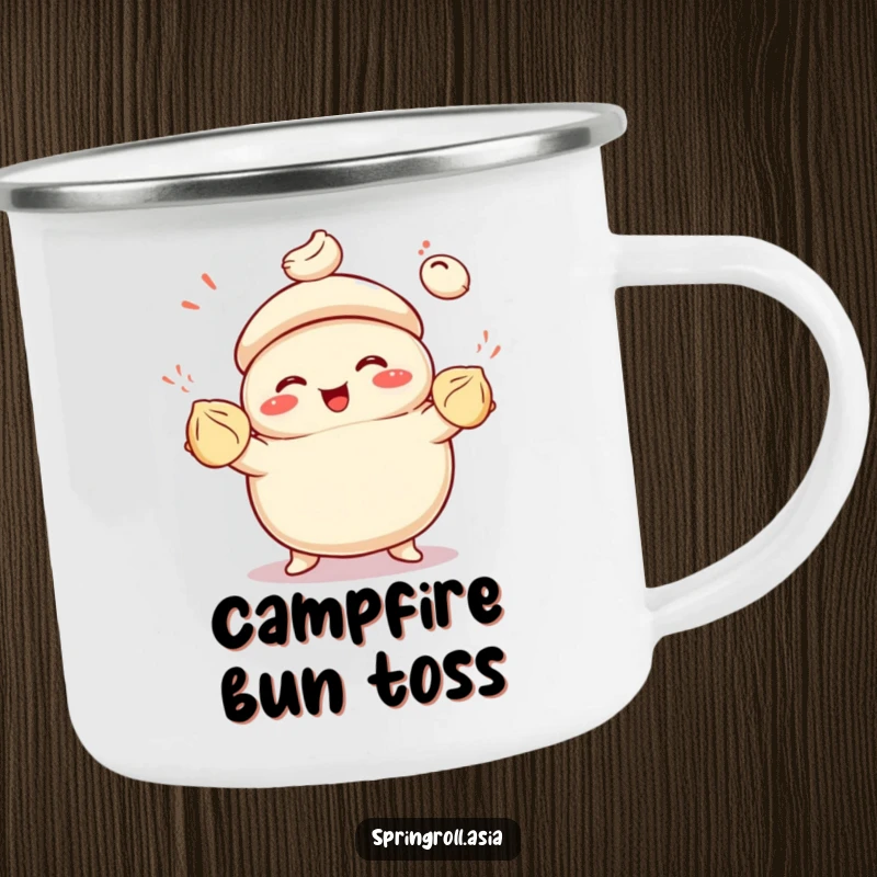Funny camping mug of a smiling bao bun juggling colorful dumplings with glee, perfect for hot beverages during outdoor excursions.