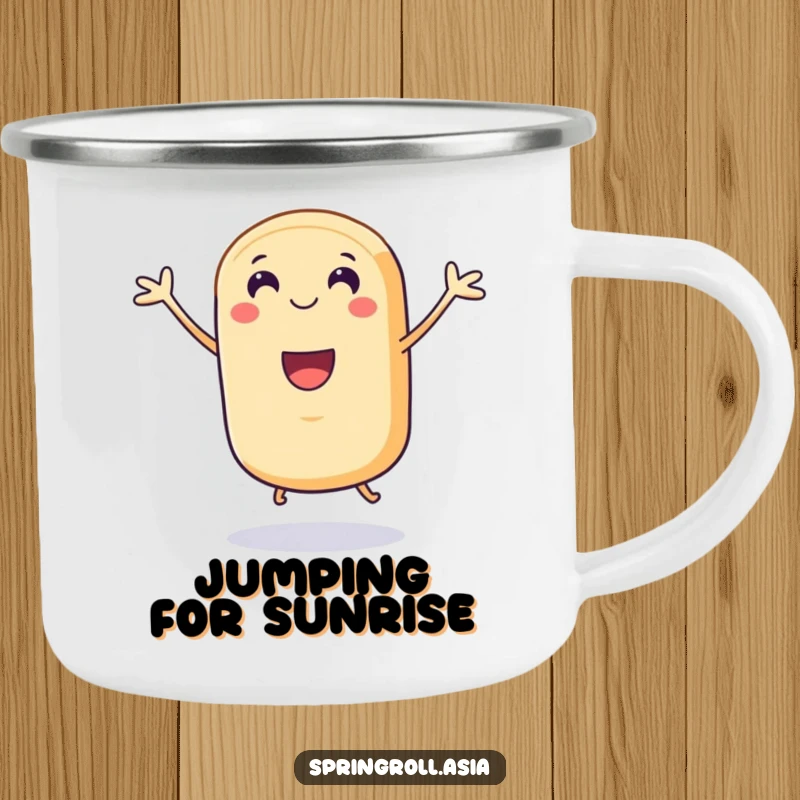 Funny camping mug: a smiling spring roll character with tiny legs joyfully doing a celebratory jump, perfect for outdoor drinks.
