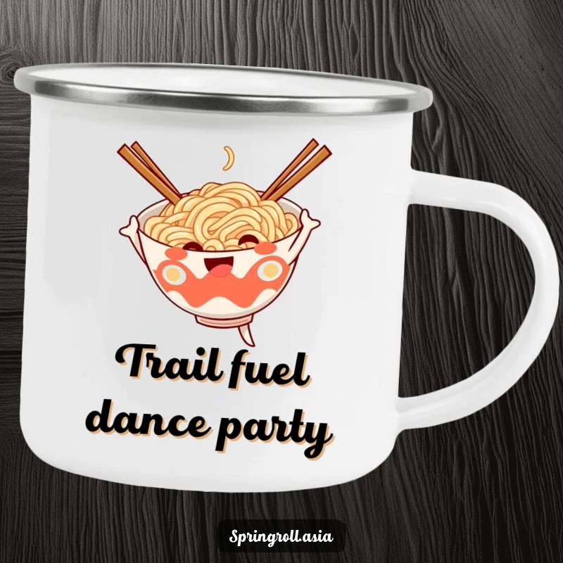 Funny camping mug with a cheerful noodle bowl doing a silly dance, chopsticks as arms, ready for outdoor fun.