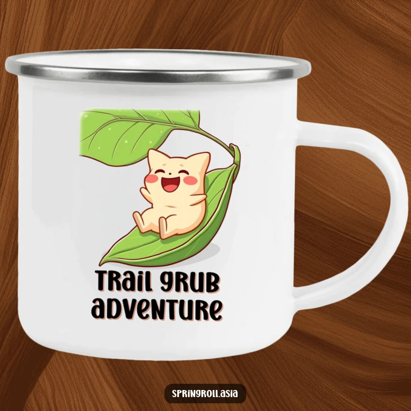Funny camping mug showing a laughing gyoza sliding downhill on a large green leaf, perfect for outdoor enjoyment.