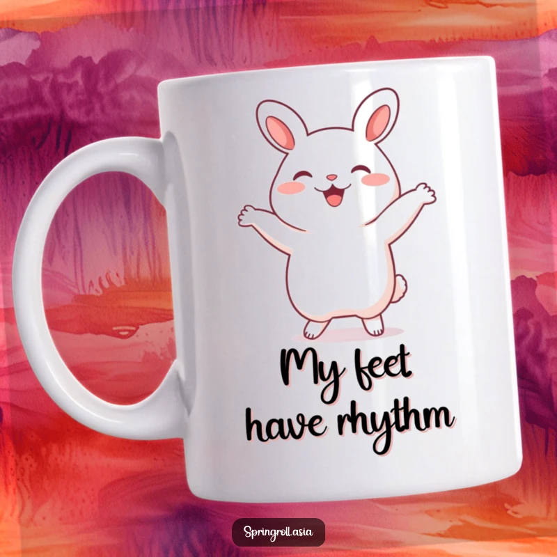 Funny bao bun mug featuring a cute character dancing joyfully with visible feet, radiating happiness and playful energy.