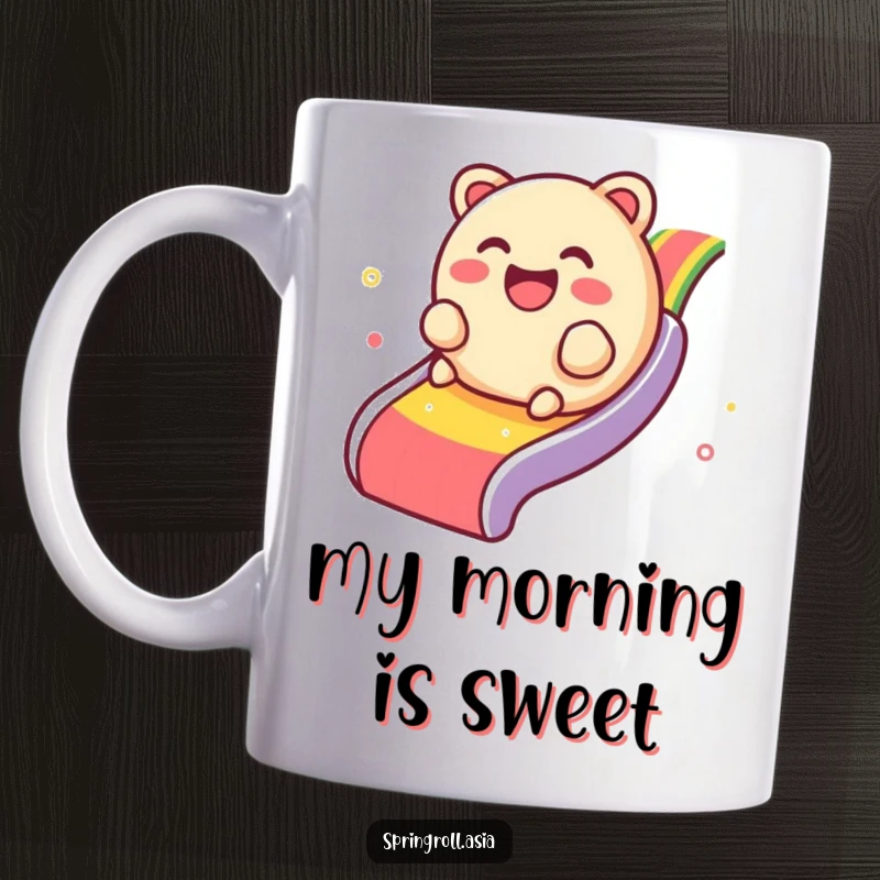 Funny dim sum mug featuring a giggling dumpling rolling down a vibrant rainbow slide, conveying pure happiness.