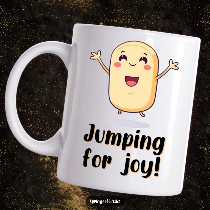 Funny mug: a smiling spring roll character with tiny legs joyfully doing a celebratory jump, full of energy and pure happiness.