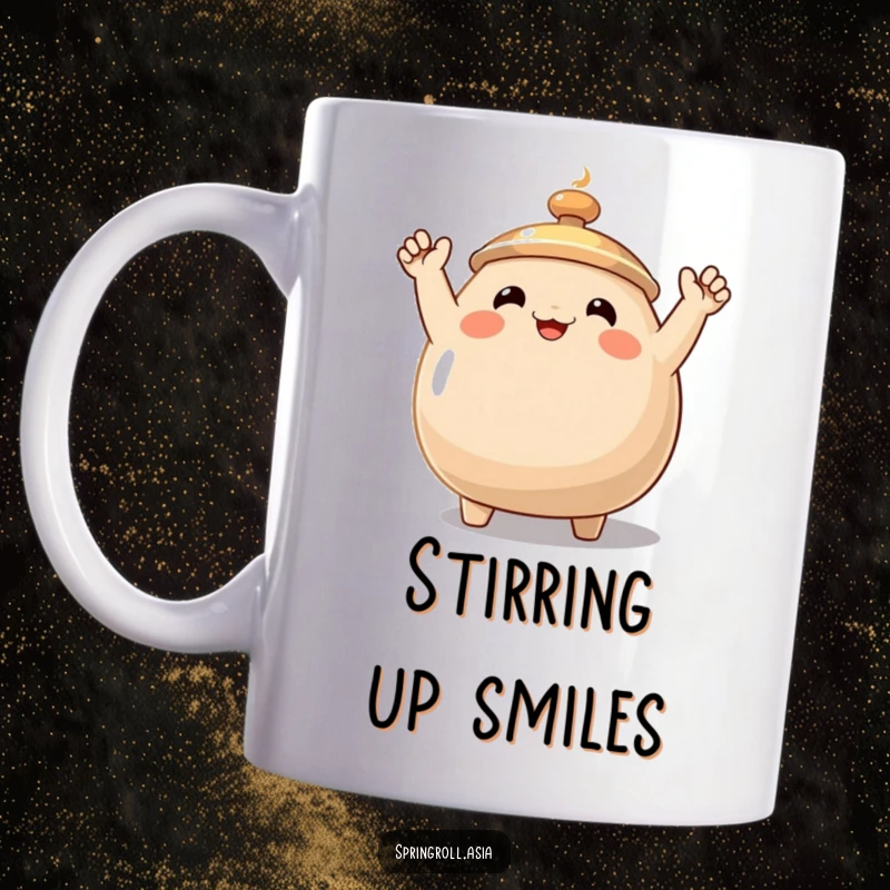 Funny wok mug with a smiling face and tiny arms waving enthusiastically, conveying excitement and kitchen cheer.