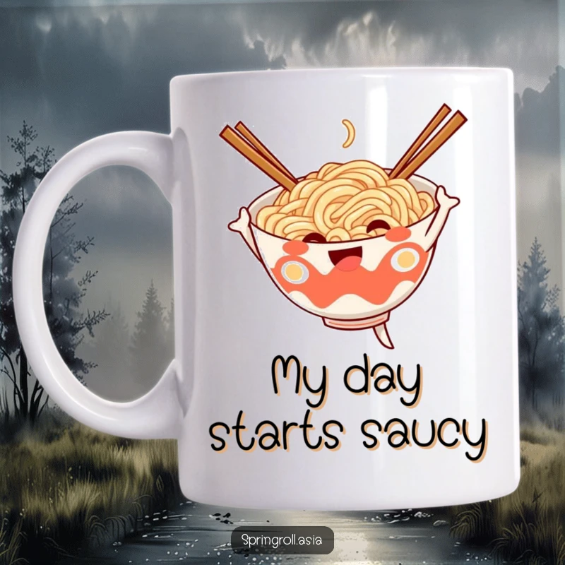 Funny noodle bowl mug with chopsticks arms doing a silly dance, full of joy and energy, perfect for ramen lovers.