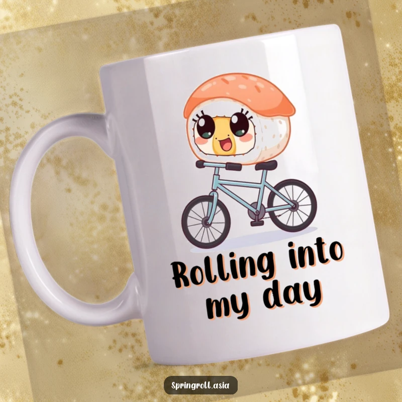 Funny mug: a piece of sushi with wide, happy eyes precariously balancing on a tiny bicycle, showing delightful concentration.