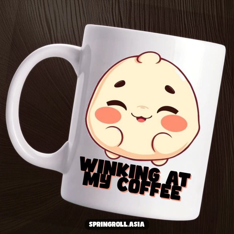 Funny mug featuring a dumpling character with a cheerful wink and wiggling eyebrows, full of mischievous personality and charm.