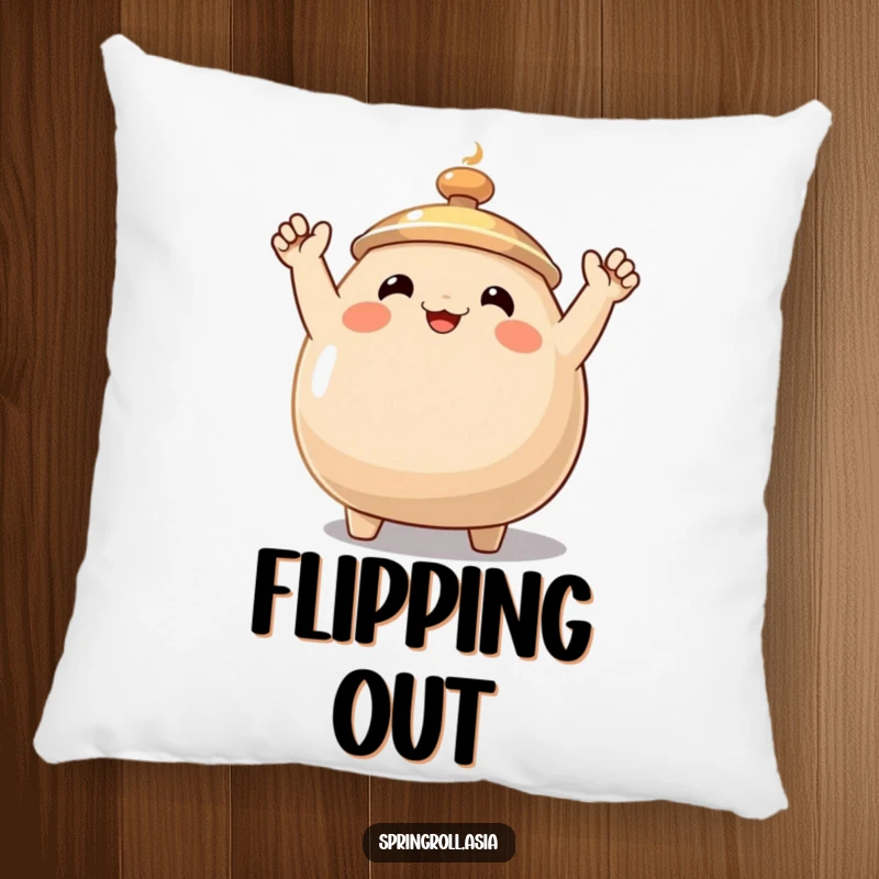 Funny wok pillow featuring a smiling cooking wok with small, waving arms, offering comfort and a dash of kitchen-themed amusement.