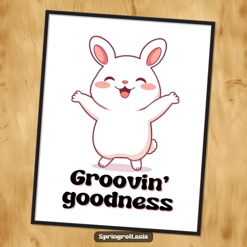 Funny bao bun digital art print of a happy steamed bun dancing energetically, providing instant humorous wall decor for your home.