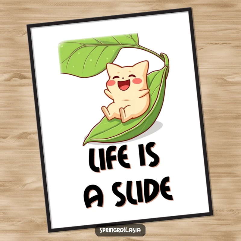 Funny digital art print of a laughing gyoza sliding downhill on a giant green leaf, full of humorous energy.