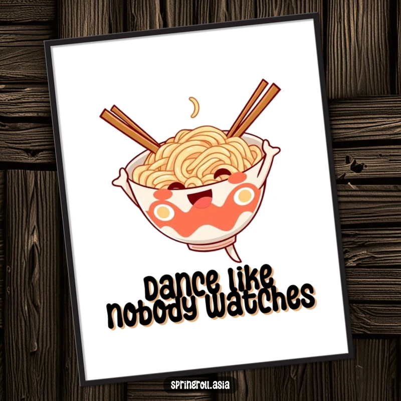 Funny digital art print of a cheerful noodle bowl doing a fun dance, chopsticks as arms, bringing joy to any room.