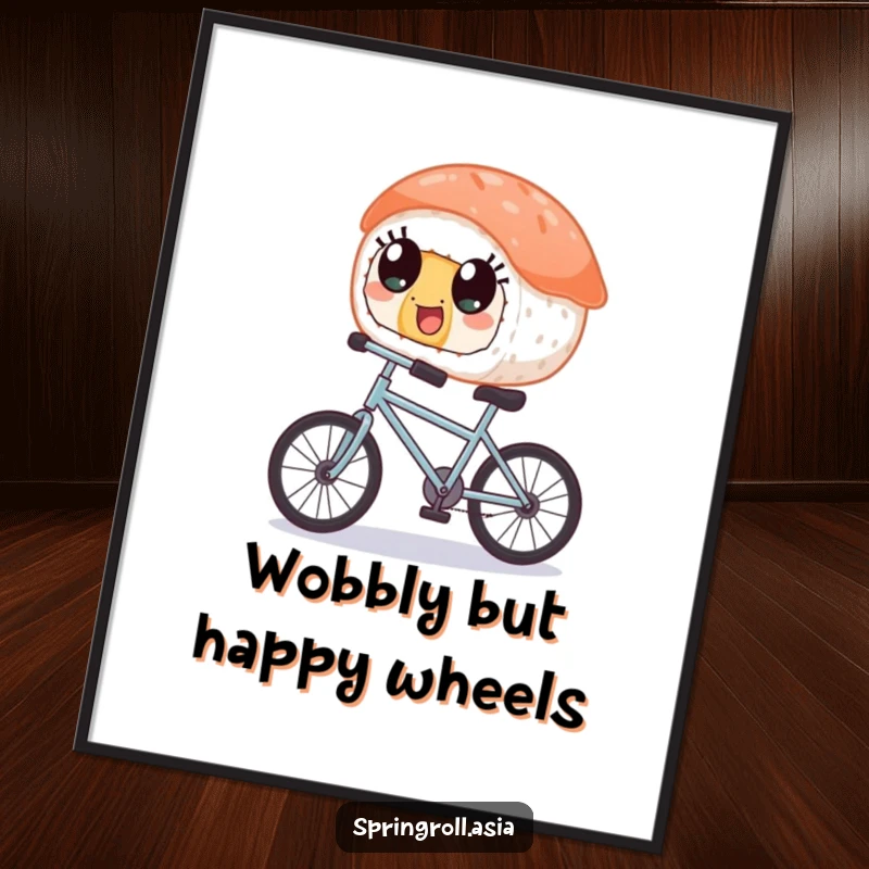 Funny digital art print of a piece of sushi with wide, happy eyes balancing on a tiny bicycle, conveying joyful movement and charm.