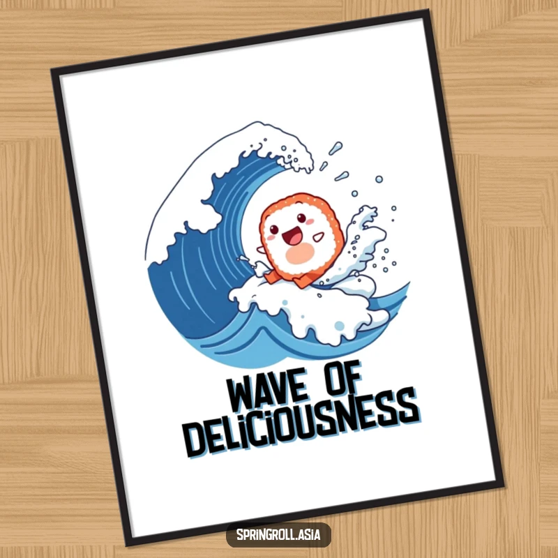 Funny digital art print of a happy sushi roll surfing a giant wave, ideal for printable wall decor with an aquatic theme.