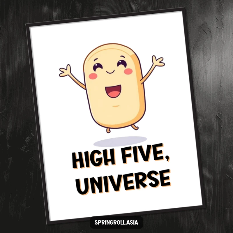 Funny digital art print of a smiling spring roll with tiny legs joyfully doing a celebratory jump, conveying pure energy and happiness.