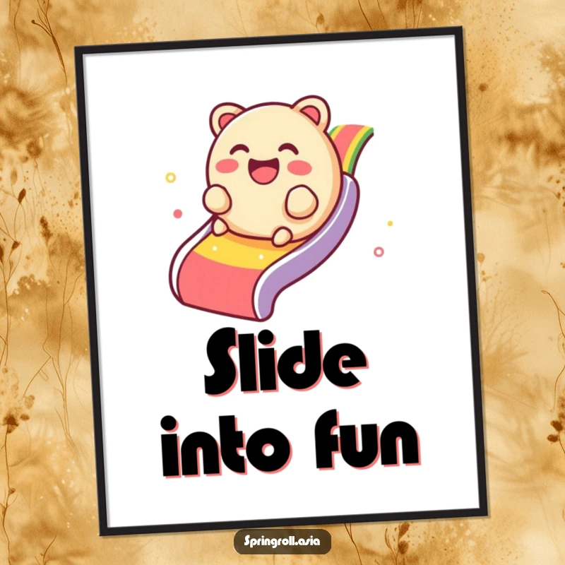 Funny digital art print of a giggling dim sum dumpling rolling down a rainbow slide, vibrant and full of happiness.