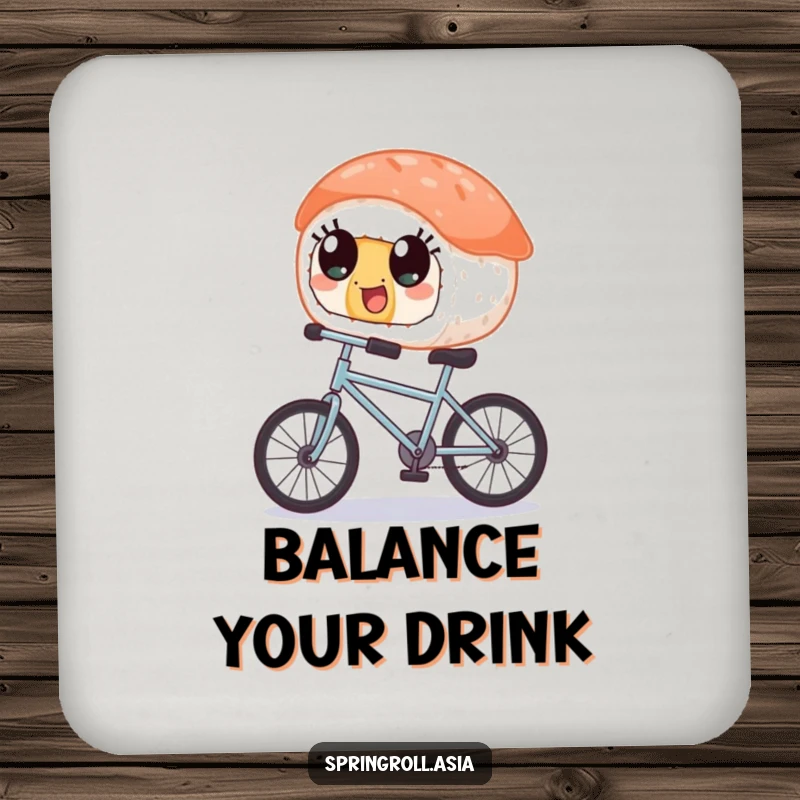 Funny drink coaster featuring a piece of sushi with wide, happy eyes balancing on a tiny bicycle, protecting surfaces with whimsy.
