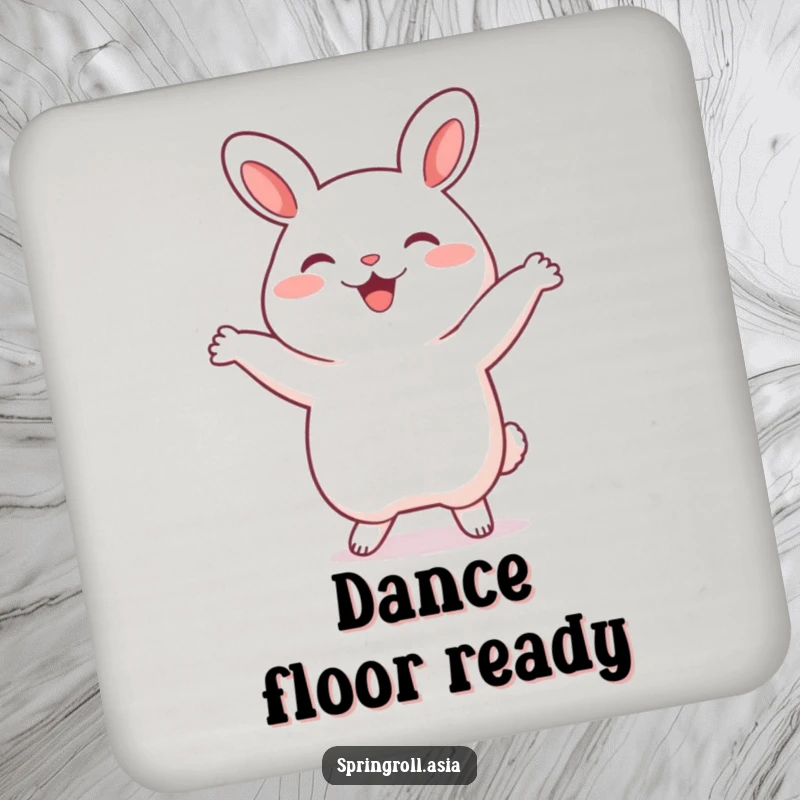 Funny bao bun drink coaster featuring a happy steamed bun dancing, a cute and humorous accessory for any tabletop.
