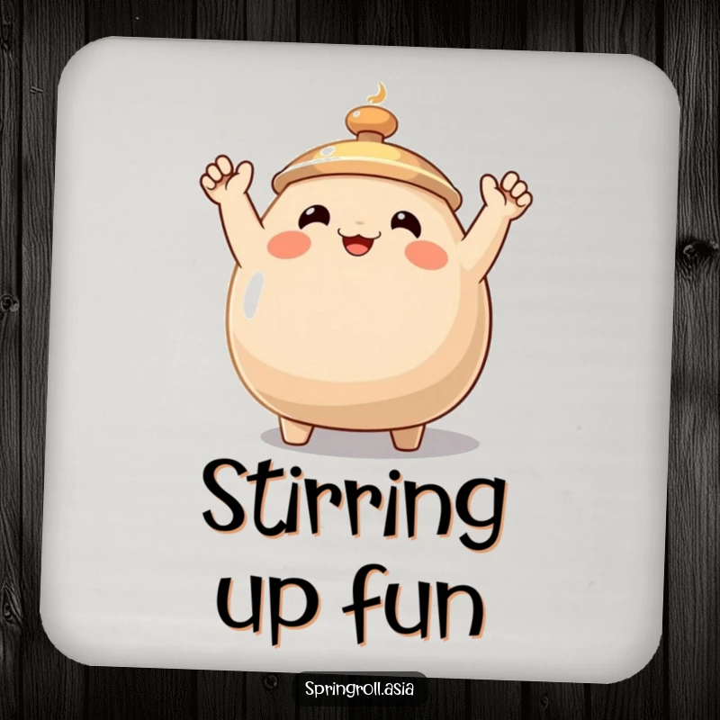 Funny wok drink coaster featuring a smiling cooking wok with small, enthusiastically waving arms, protecting surfaces with culinary cheer.