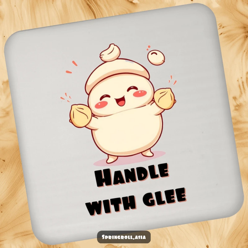 Funny drink coasters showcasing a smiling bao bun juggling colorful dumplings with glee, adding protection with a touch of culinary humor.