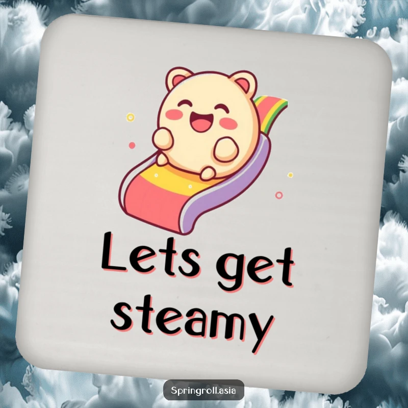 Funny drink coaster with a giggling dim sum dumpling rolling down a rainbow, protecting surfaces with humor.
