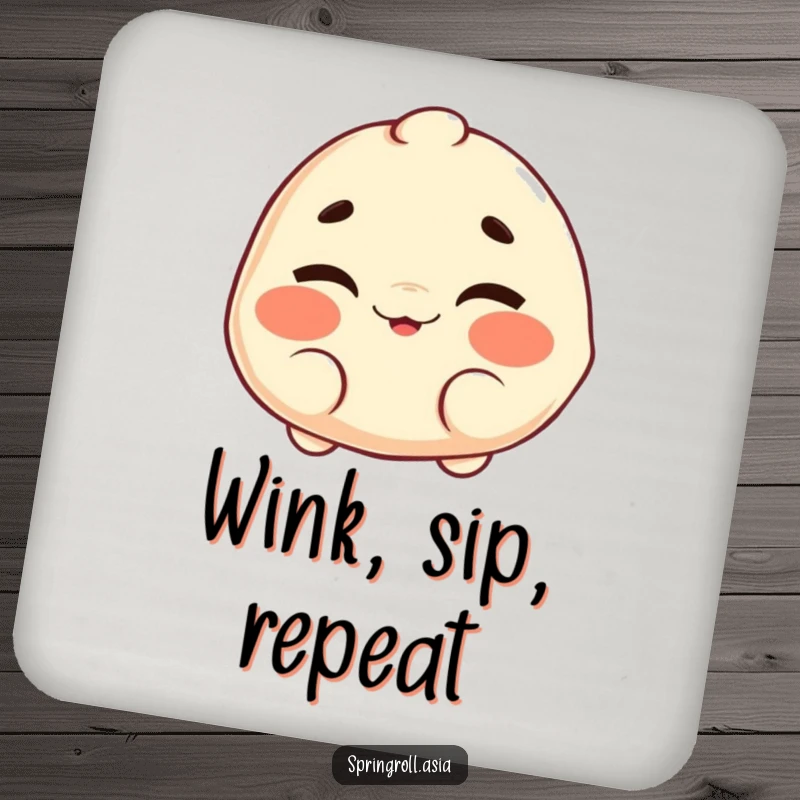 Funny drink coaster featuring a dumpling character with a cheerful wink and wiggling eyebrows, protecting surfaces with playful charm.