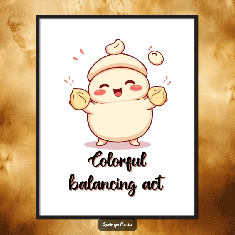 Funny poster of a smiling bao bun juggling colorful dumplings with infectious glee, creating a vibrant and joyful scene.