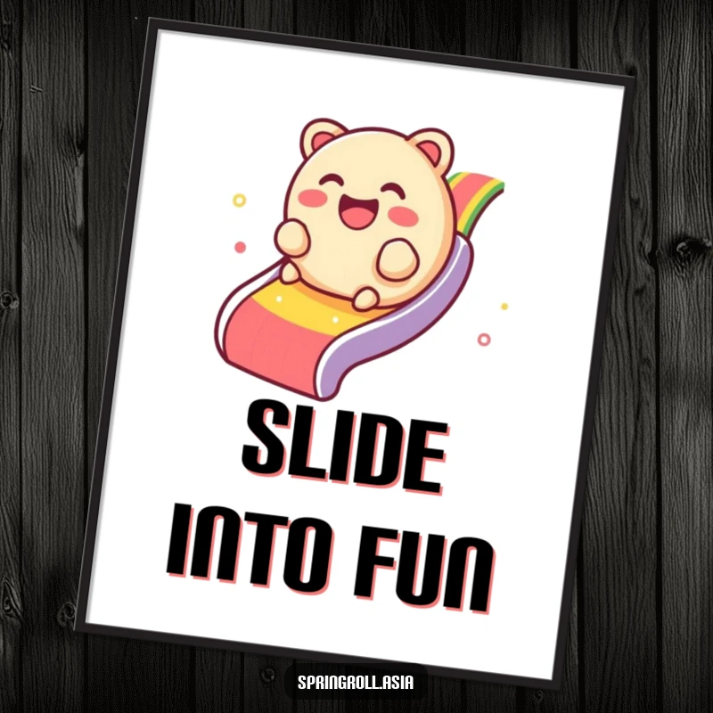 Funny poster of a giggling dim sum dumpling rolling down a vibrant rainbow slide, colorful and cheerful art.