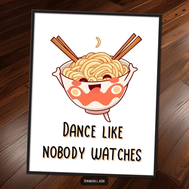 Funny poster of a cheerful noodle bowl gleefully dancing with its chopstick arms, a vibrant and happy food illustration.