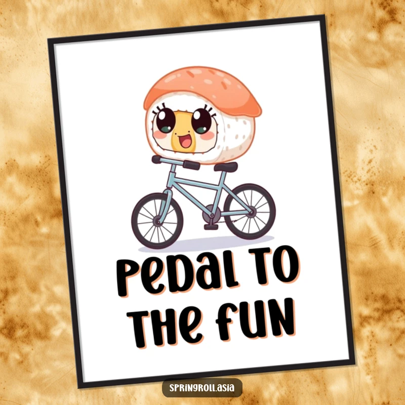 Funny poster: a piece of sushi with wide, happy eyes balancing on a tiny bicycle, a whimsical piece of wall art full of fun.