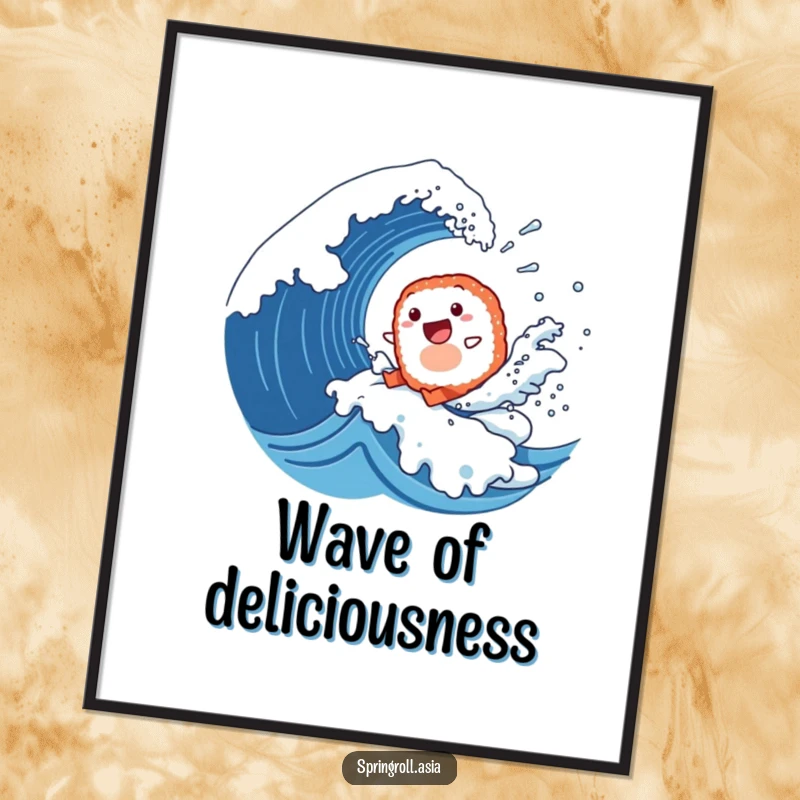 Funny poster of a happy sushi roll surfing a giant wave, with water splashes, creating a dynamic and exciting scene.