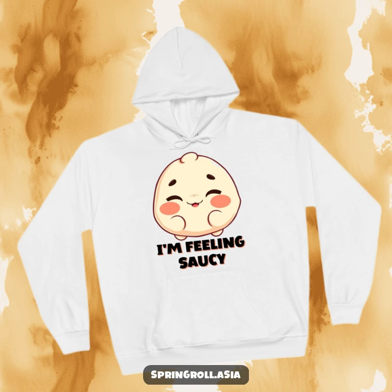 Funny hoodie featuring a dumpling character with a cheerful wink and wiggling eyebrows, designed for warmth and playful personality.
