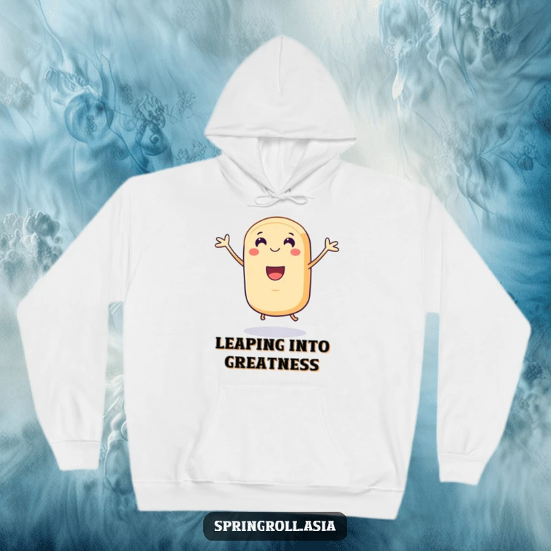 Funny hoodie featuring a smiling spring roll character with tiny legs doing a celebratory jump, designed for warmth and spirited fun.