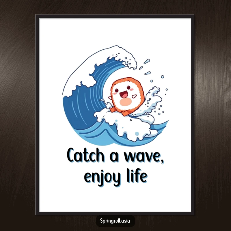Funny Free Printable Wall Art: A happy sushi roll character surfing a colossal wave, with water droplets flying, embodying adventure.