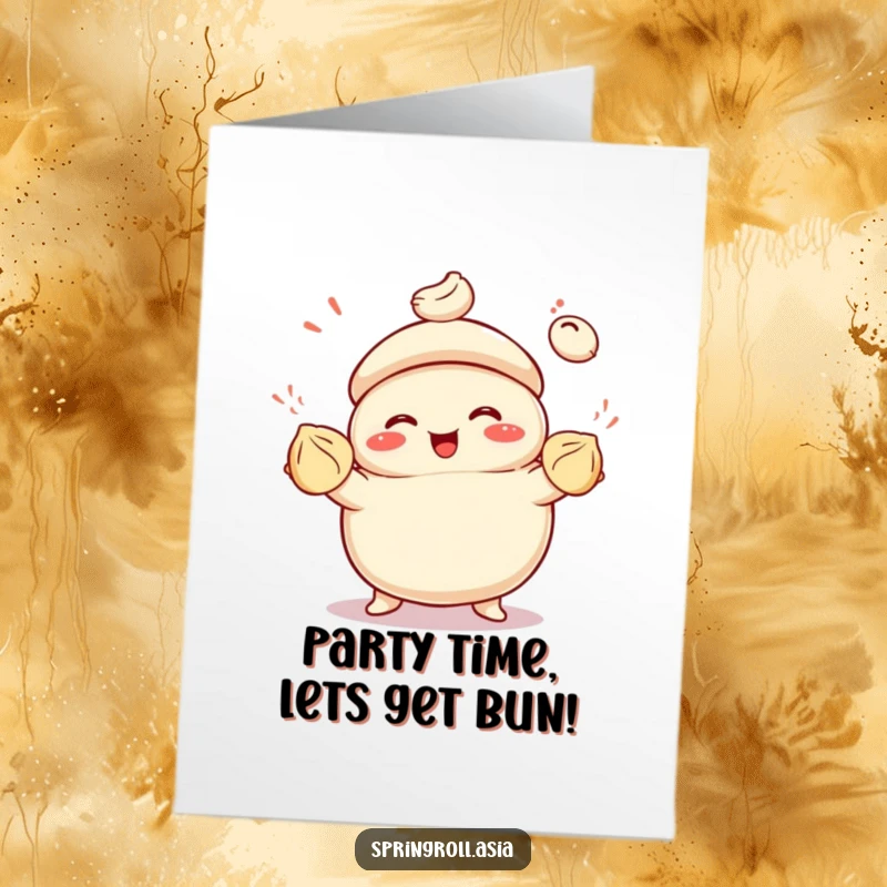 Funny Free Printable Birthday Card: Smiling bao bun gleefully juggling three colorful dumplings, wishing a happy birthday.