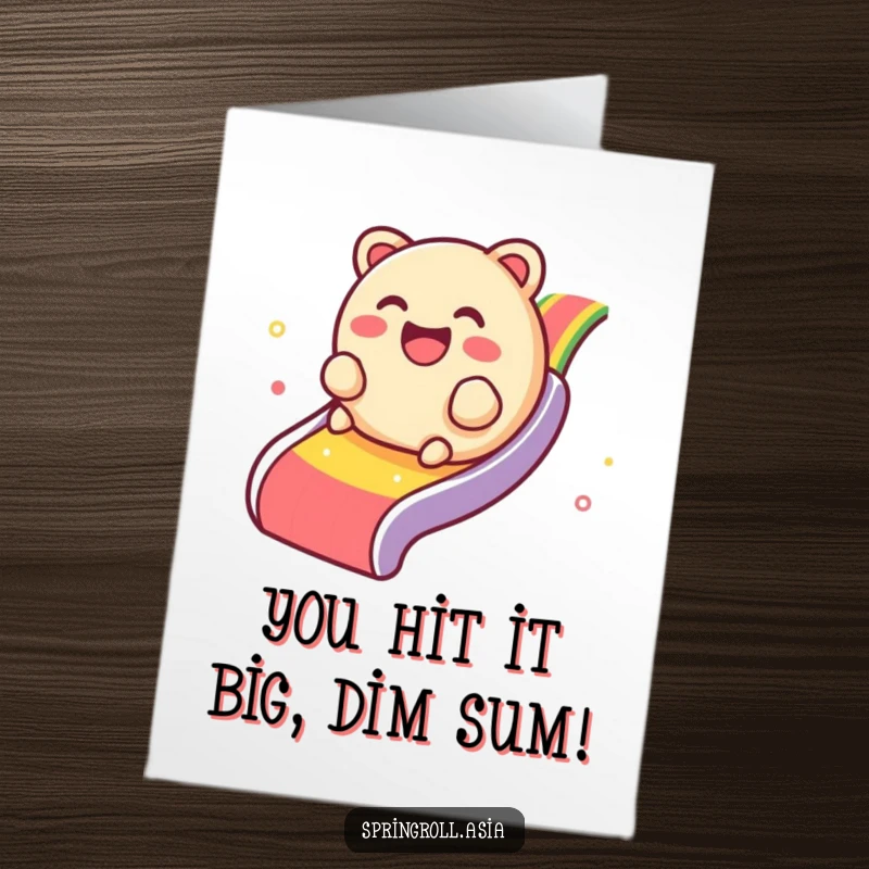 Funny Free Printable Congratulations Card: A giggling dim sum gleefully rolls down a rainbow, celebrating big wins.