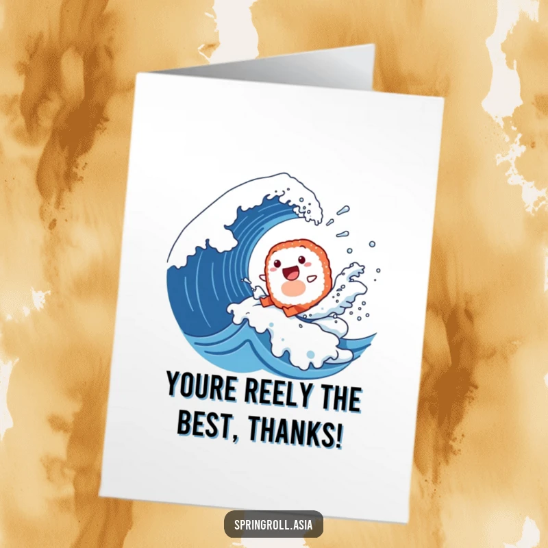 Funny Free Printable Thank You Card: A happy sushi roll riding a huge wave with water droplets, conveying thanks humorously.