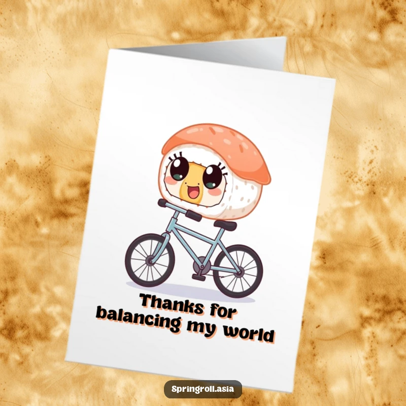 Funny Free Printable Thank You Card: Sushi character happily balancing on a tiny bicycle