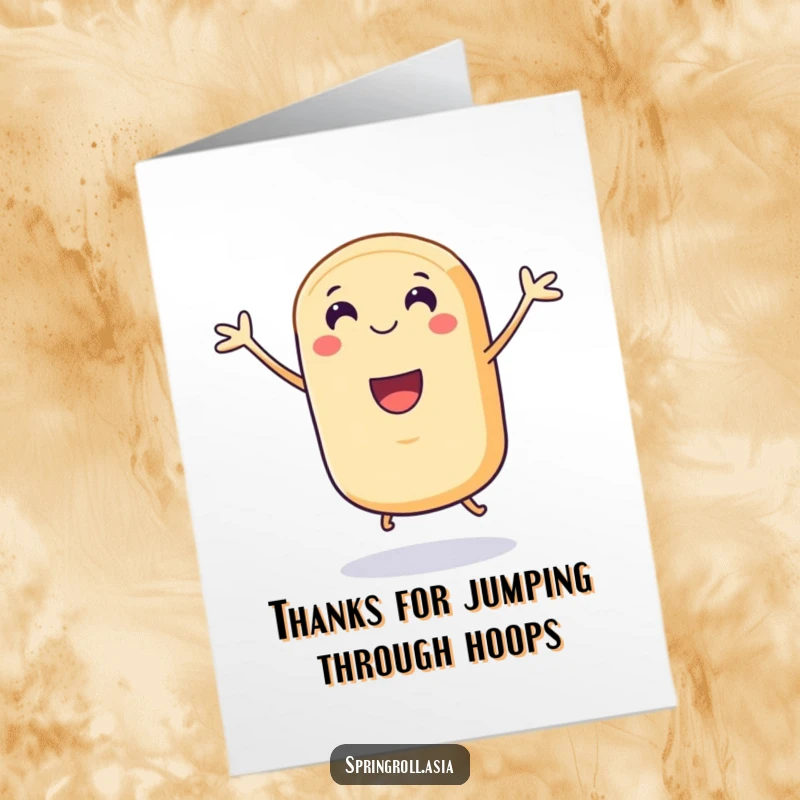 Funny Free Printable Thank You Card: A smiling spring roll character jumping joyfully