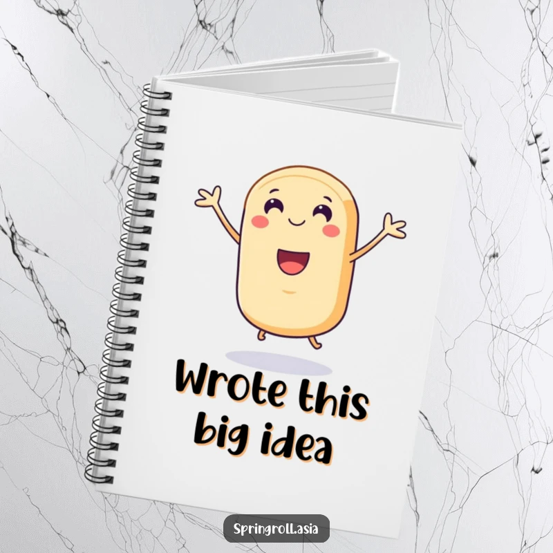 Funny notebook with a smiling spring roll character with tiny legs joyfully doing a celebratory jump, ideal for jotting down notes with energy.