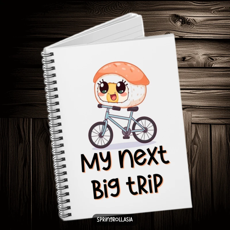 Funny notebook with a piece of sushi with wide, happy eyes balancing on a tiny bicycle, ideal for jotting down notes with a smile.