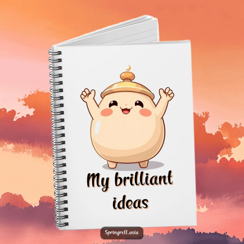 Funny wok notebook featuring a smiling cooking wok with waving arms, perfect for jotting down recipes and culinary inspiration with humor.