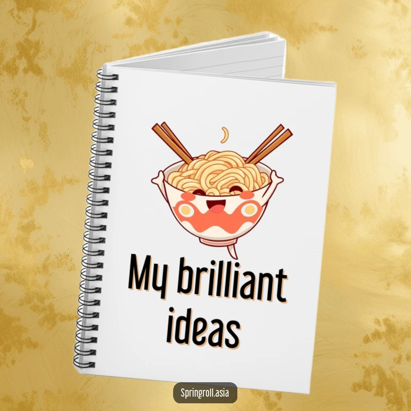 Funny notebook with a cheerful noodle bowl in a dance, chopsticks for arms, ideal for jotting down creative thoughts.