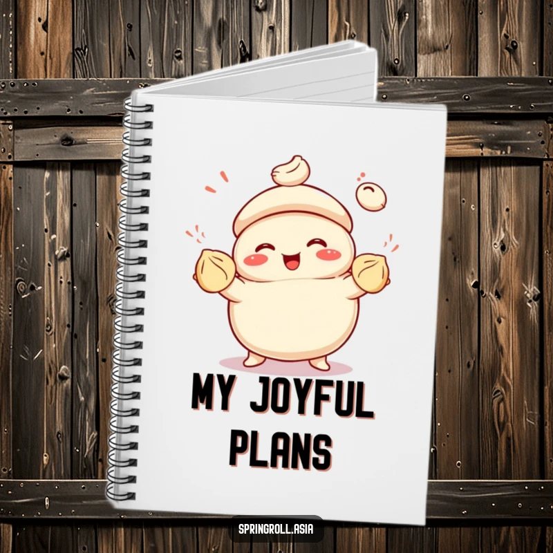 Funny notebook depicting a smiling bao bun juggling colorful dumplings with glee, ideal for recipe writing or daily journaling.