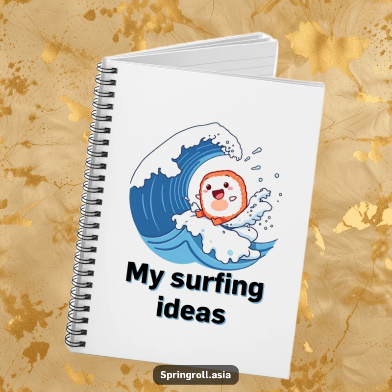 Funny notebook with a cover illustration of a happy sushi roll surfing a giant wave, ideal for jotting down notes.