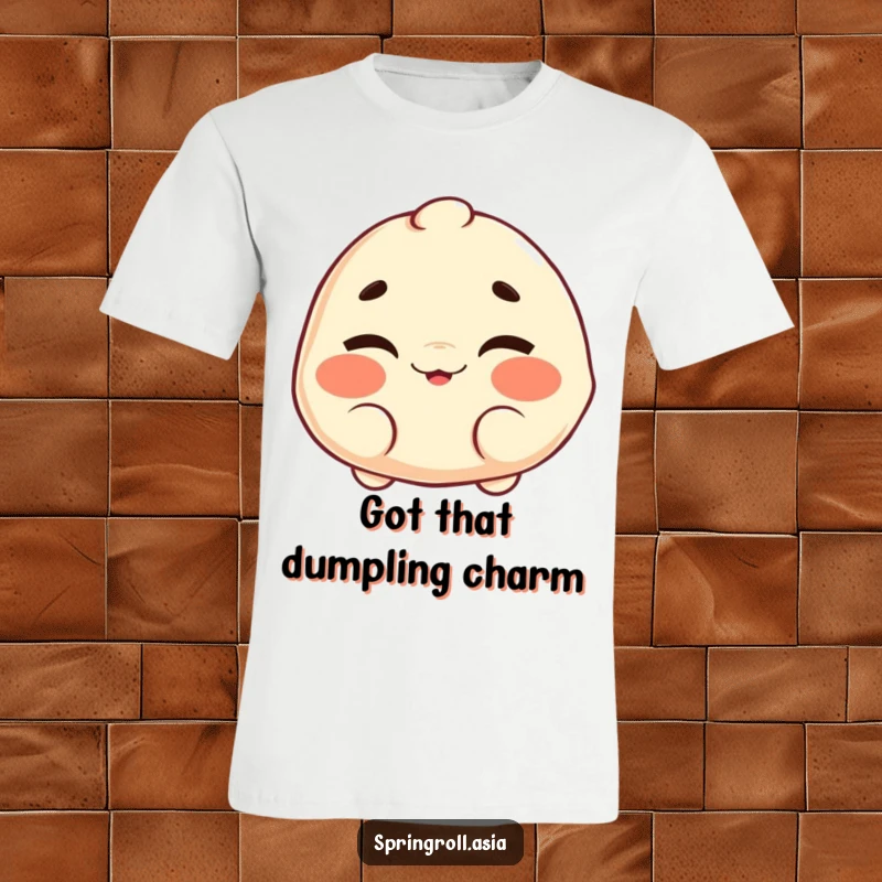 Funny t-shirt: a dumpling character giving a cheerful wink and wiggling its nonexistent eyebrows, exuding playful confidence.