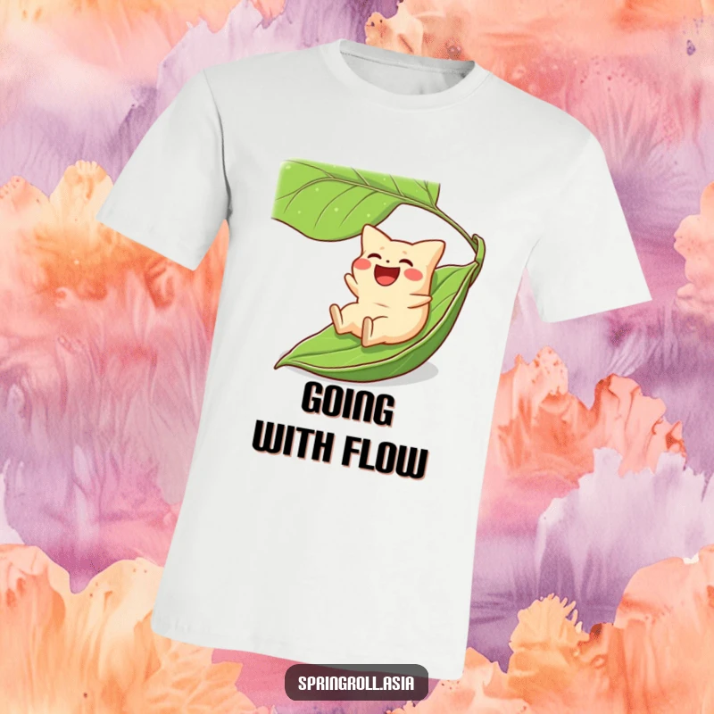 Funny t-shirt depicting a laughing gyoza joyfully sliding down a giant green leaf, a hilarious food-themed design.