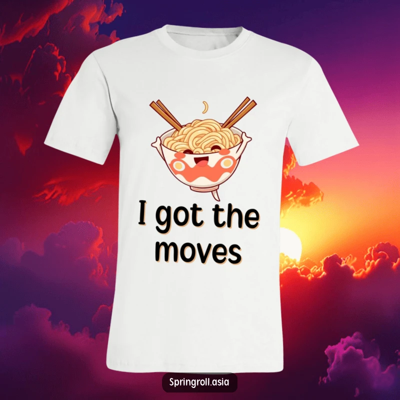 Funny t-shirt showcasing a cheerful noodle bowl joyfully dancing with chopsticks as arms, bursting with happy food vibes.