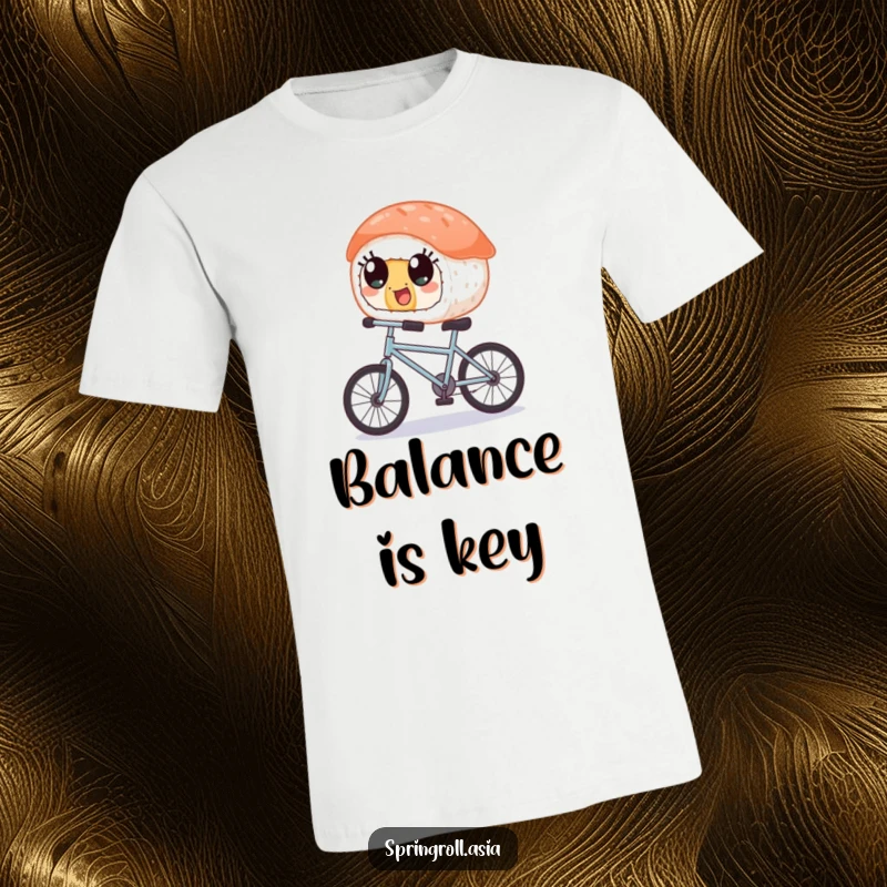 Funny t-shirt: a piece of sushi with wide, ecstatic eyes happily balancing and pedaling on a tiny bicycle, full of glee.
